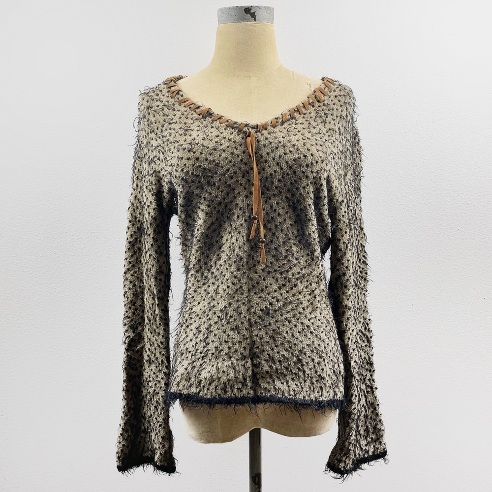 Angelica-Val V-Neck Sweater Fuzzy Faux Suede Trim Black/Tan Size Small